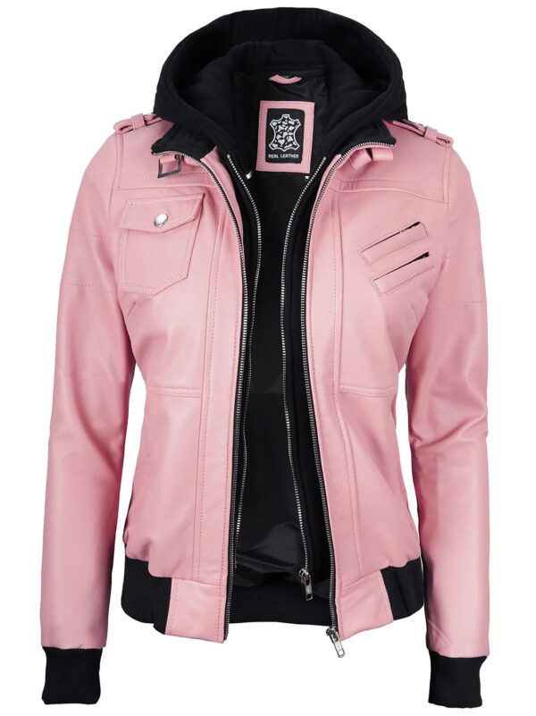 Edinburgh Pink Leather Bomber Jacket With Hood