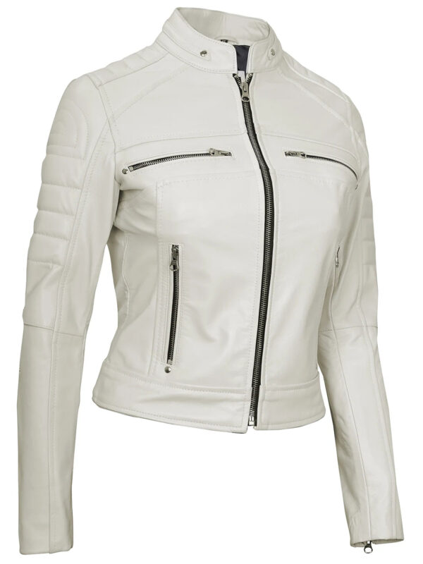 Austin Women Off White Cafe Racer Leather Jacket