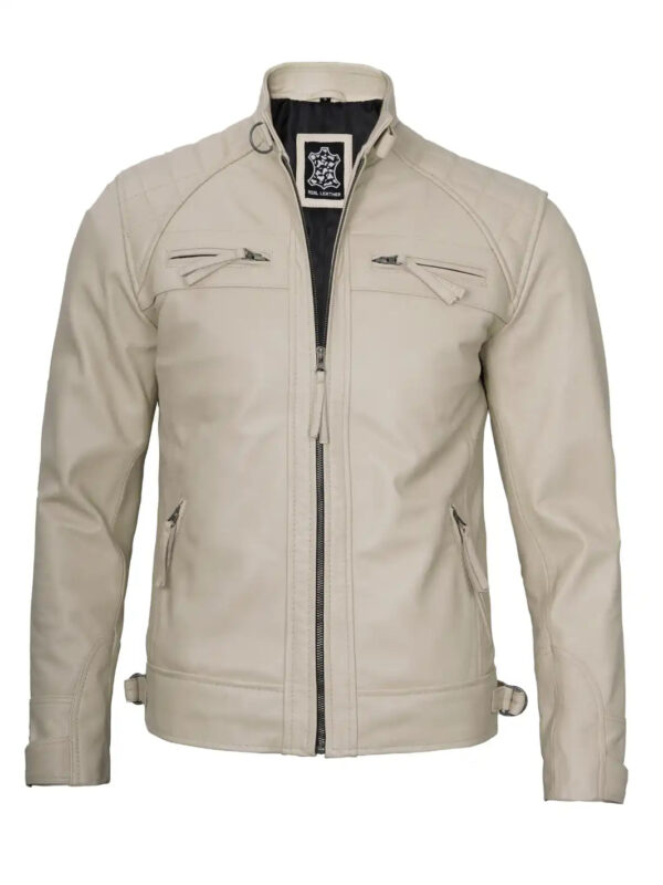 Johnson Mens Beige Quilted Cafe Racer Leather Jacket