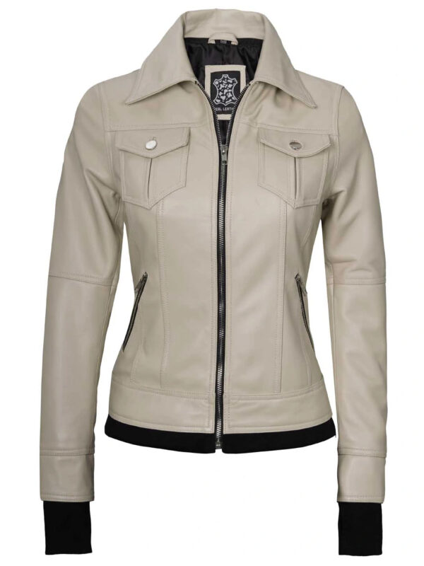 Women's Beige Motorcycle Leather Jacket with Hood