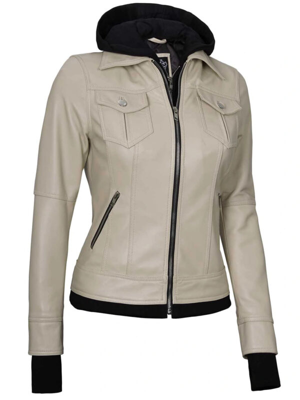 Women's Beige Motorcycle Leather Jacket with Hood