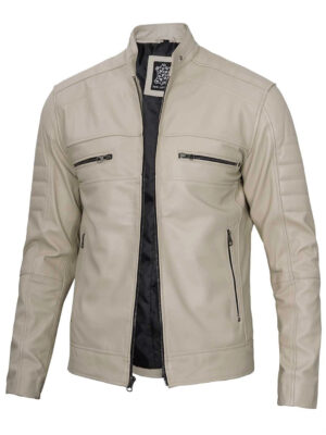 Mens Beige Cafe Racer Style Leather Jacket