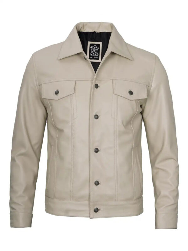 Fernando Men's Beige Real Leather Trucker Jacket