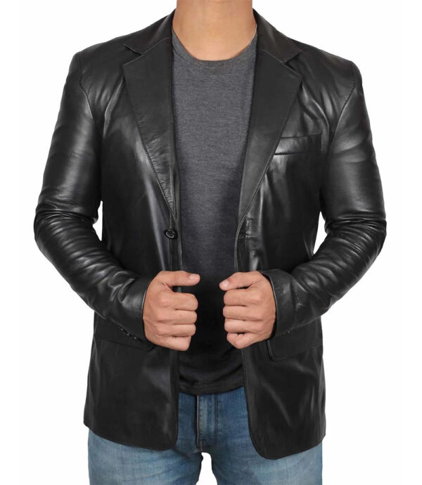 Tall Men's Two Buttons Black Real Leather Blazer