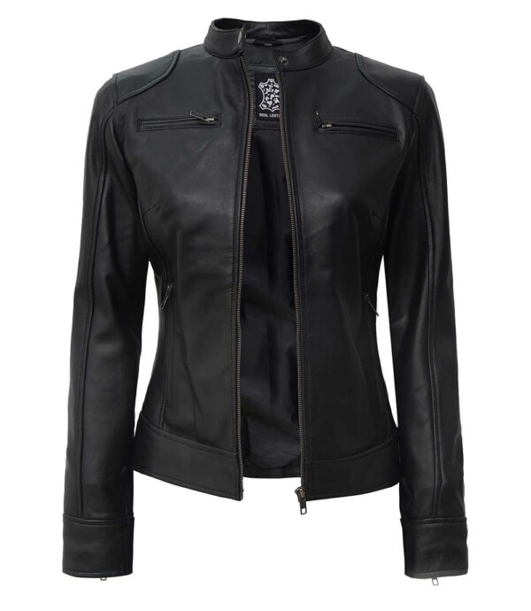 Dodge Women's Petite Black Lambskin Leather Motorcycle Jacket