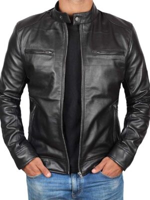 Dodge Tall Mens Black Cafe Racer Leather Jacket