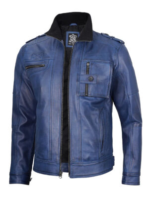 Tavares Blue Leather Biker Jacket