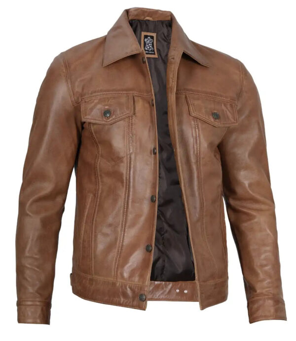 Men's Camel Brown Leather Trucker Jacket