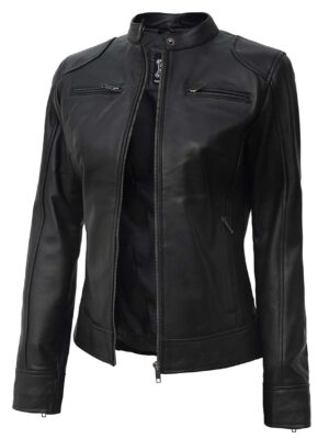 Dodge Women's Petite Black Lambskin Leather Motorcycle Jacket