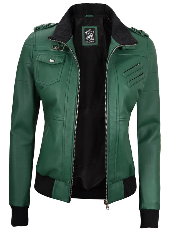 Edinburgh Green Bomber Hooded Leather Jacket