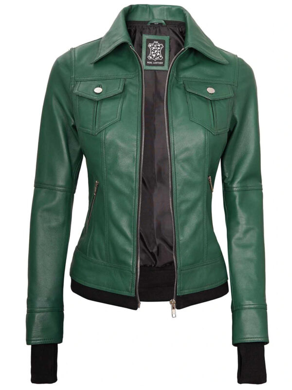 Womens Biker Green Leather Jacket with Hood