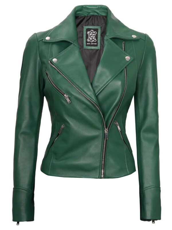 Ninfa Women's Asymmetrical Biker Green Leather Jacket