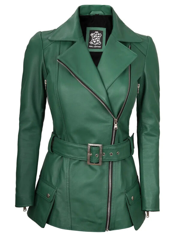 Women Green Asymmetrical Leather Biker Jacket