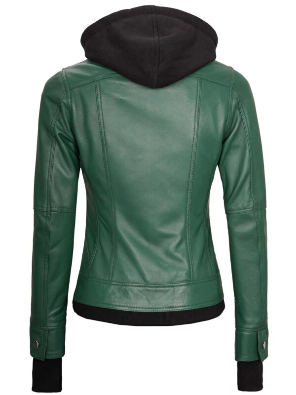 Womens Biker Green Leather Jacket with Hood