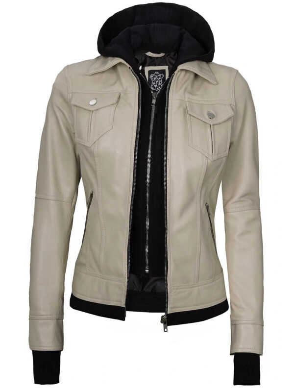 Women's Beige Motorcycle Leather Jacket with Hood