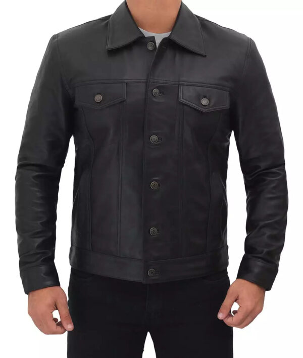 Fernando Mens Black Leather Trucker Jacket