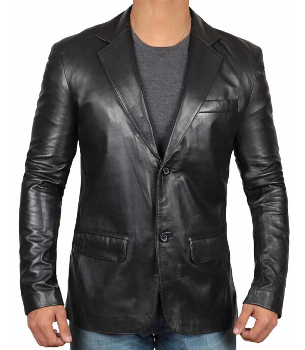 Tall Men's Two Buttons Black Real Leather Blazer