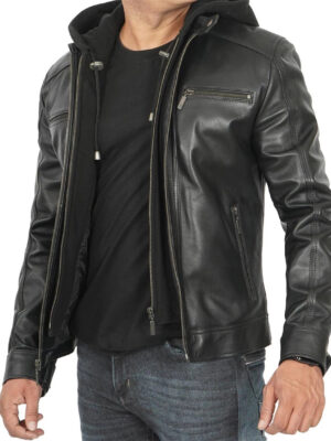 Merrill Men's Black Cafe Racer Hooded Leather Jacket