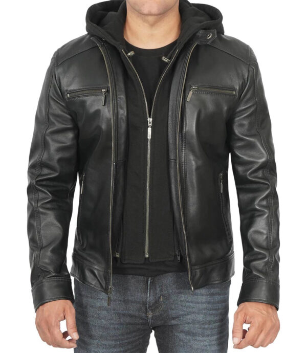 Merrill Men's Black Cafe Racer Hooded Leather Jacket