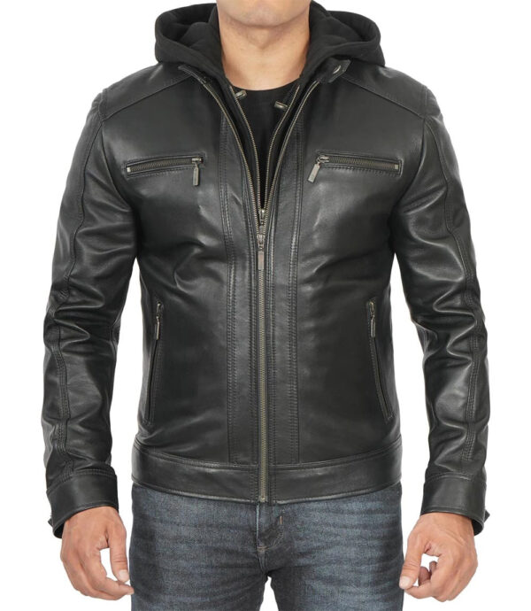 Merrill Men's Black Cafe Racer Hooded Leather Jacket