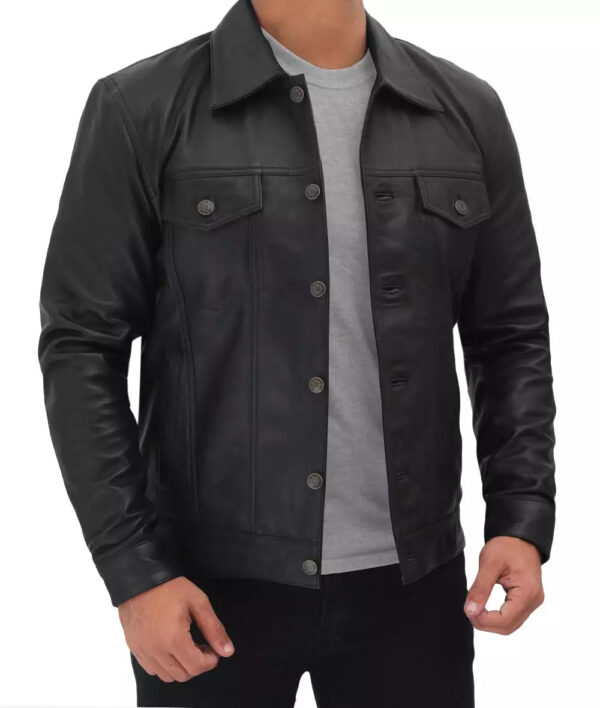 Fernando Mens Black Leather Trucker Jacket