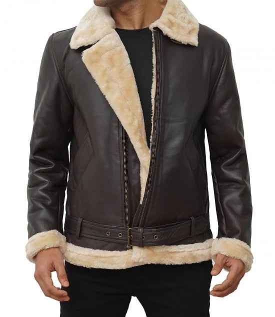 Mens Real Leather Dark Brown Shearling Bomber Jacket