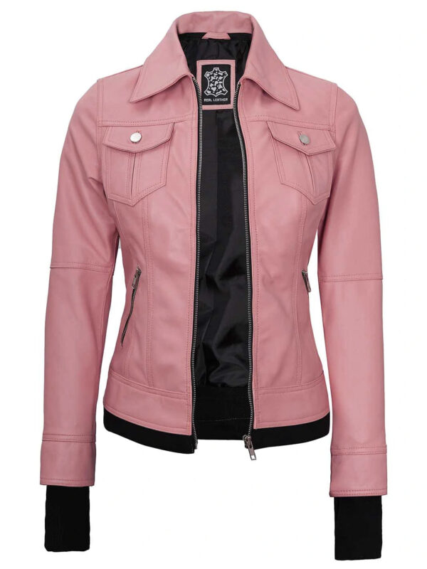 Women's Pink Hooded Leather Motorcycle Jacket