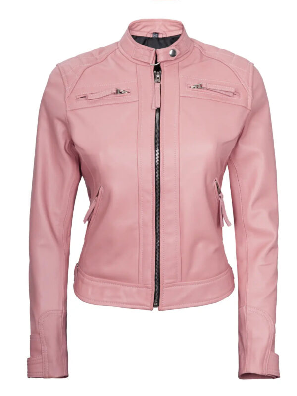 Johnson Women Pink Quilted Cafe Racer Leather Jacket