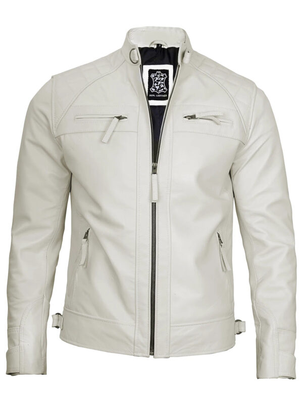 Johnson Mens Off White Quilted Cafe Racer Leather Jacket