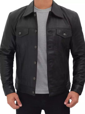 Fernando Mens Black Leather Trucker Jacket