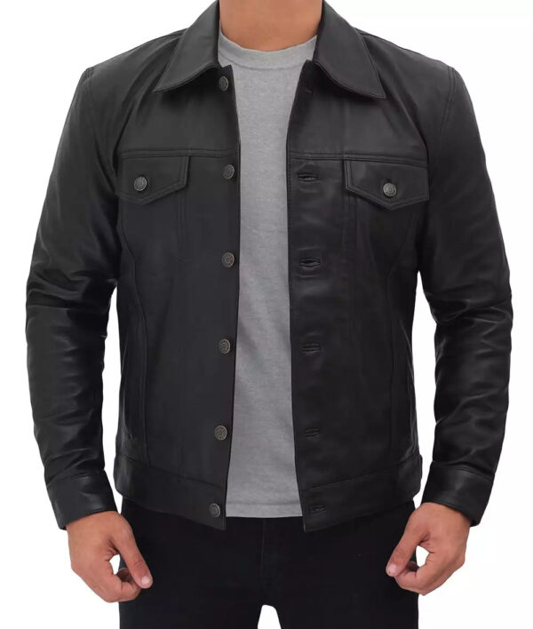 Fernando Mens Black Leather Trucker Jacket