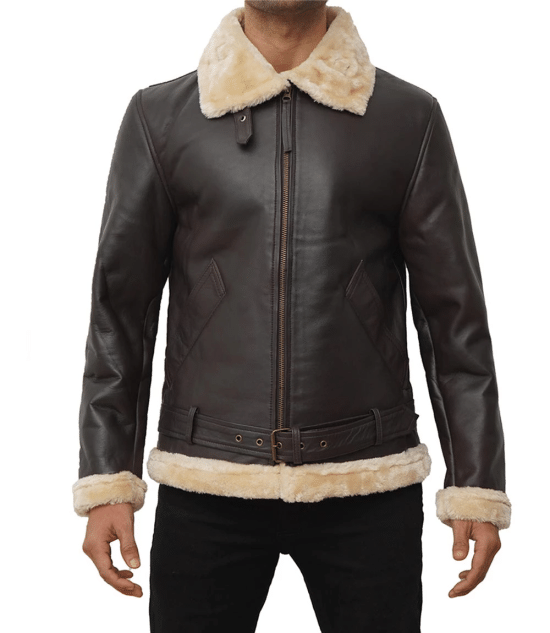 Mens Real Leather Dark Brown Shearling Bomber Jacket