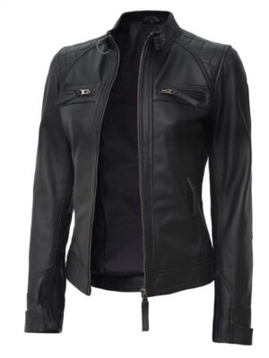 Women Petite Black Quilted Cafe Racer Leather Jacket