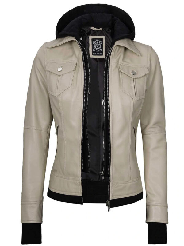 Women's Beige Motorcycle Leather Jacket with Hood