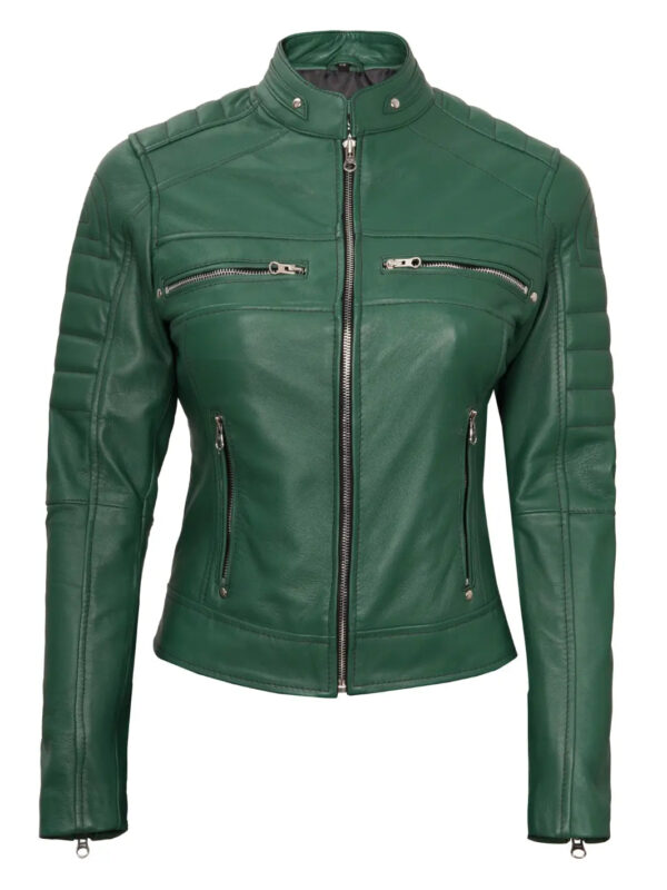 Austin Women Cafe Racer Green Leather Jacket