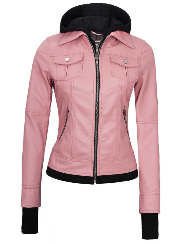 Women's Pink Hooded Leather Motorcycle Jacket