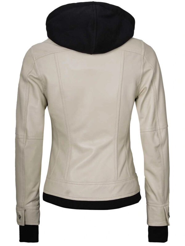 Women's Beige Motorcycle Leather Jacket with Hood