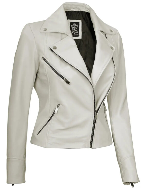 Ninfa Women's Off White Asymmetrical Biker Leather Jacket