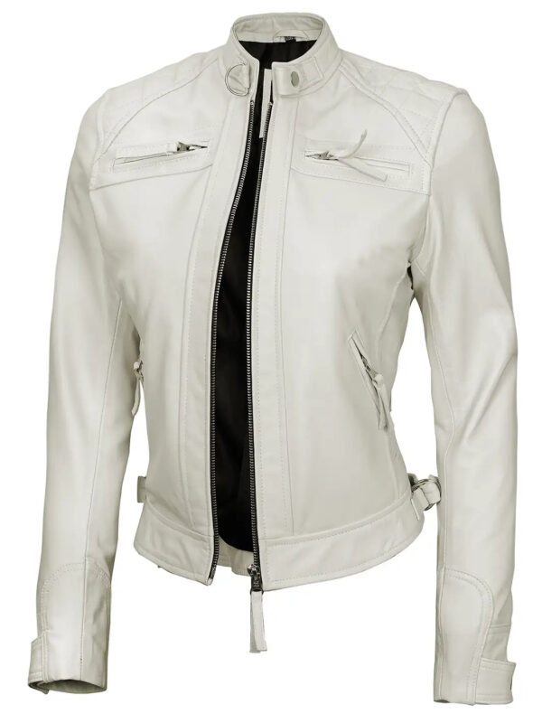 Johnson Women Quilted Off White Cafe Racer Leather Jacket