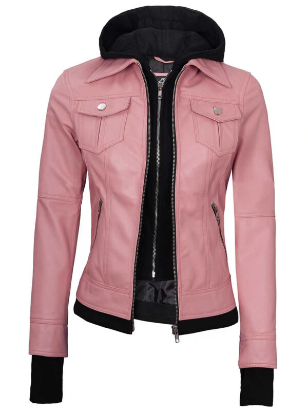 Women's Pink Hooded Leather Motorcycle Jacket