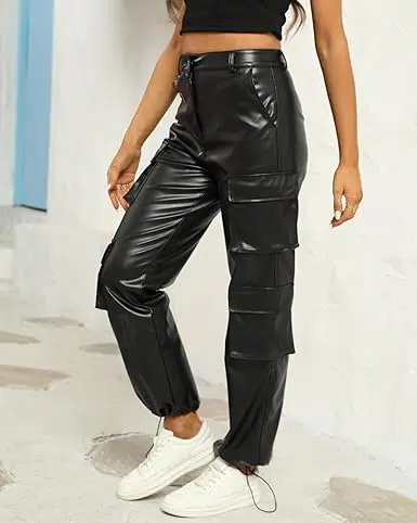 Women's Faux Leather Cargo Pants High Waisted Relaxed Pants with Pockets