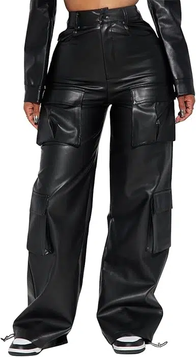 Women's Faux Leather Cargo Pants High Waisted Relaxed Pants with Pockets