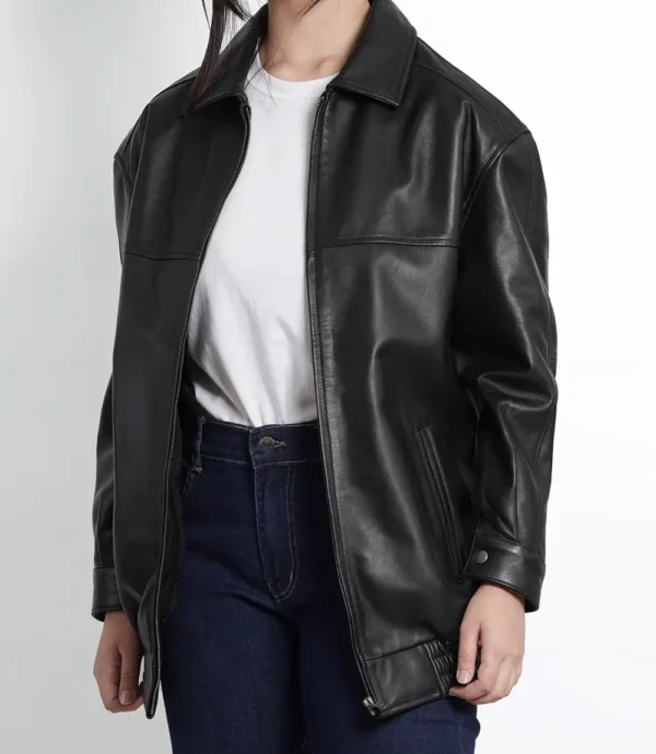 Womens Black Oversized Bomber Leather Jacket - Classic Style