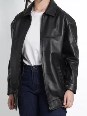 Womens Black Oversized Bomber Leather Jacket - Classic Style