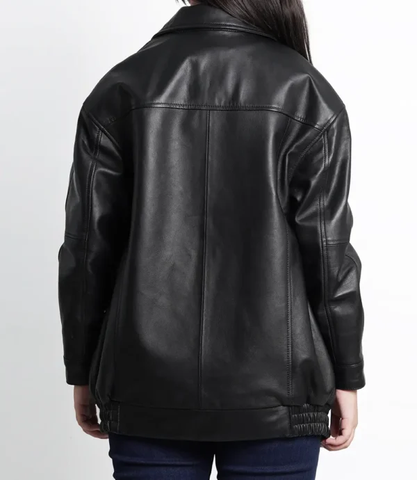 Womens Black Oversized Bomber Leather Jacket - Classic Style