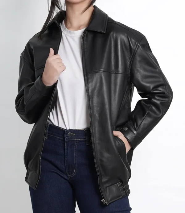 Womens Black Oversized Bomber Leather Jacket - Classic Style