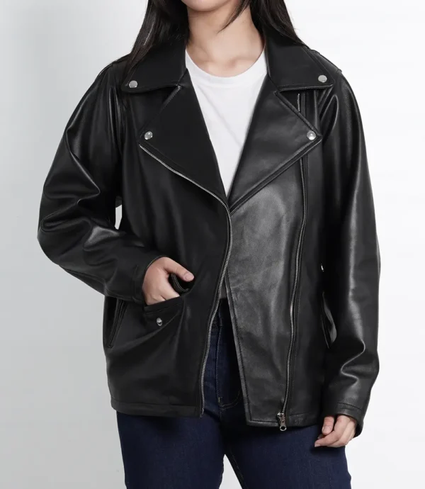 Womens Oversized Asymmetrical Black Leather Jacket